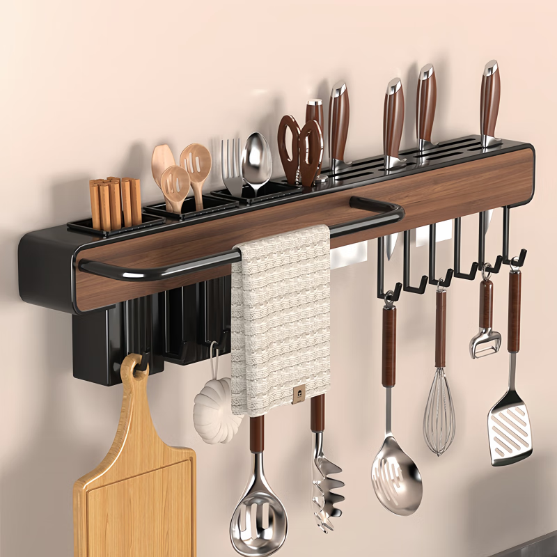 馨婺家厨房刀具置物架多功能免打孔壁挂式筷笼刀具一体锅铲勺筷子收纳架 黑色-长30cm【单杯无杆+6钩】
