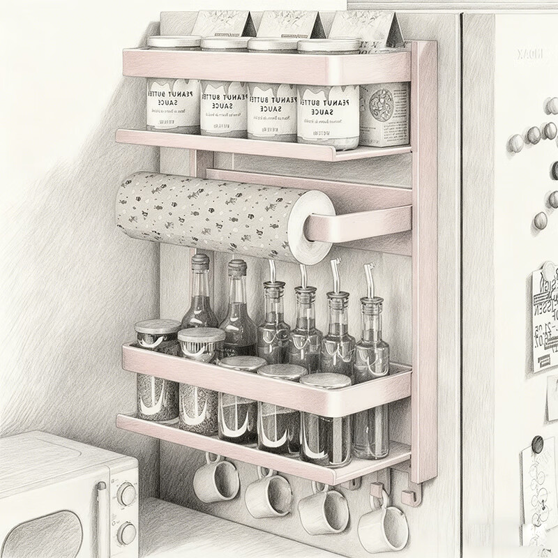 尔思家厨房磁吸置物架调料架冰箱冰柜外侧收纳挂钩纸巾架免打孔保鲜膜架 粉色三层【磁吸款】