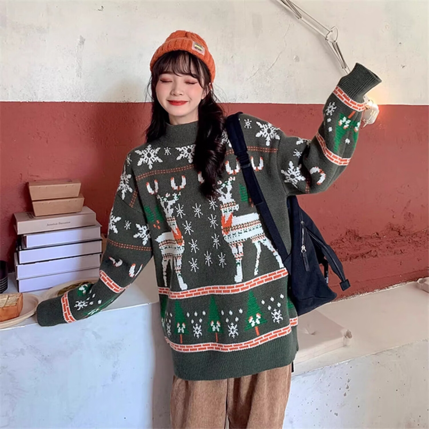 相伊恋人毛衣针织衫女25新款秋冬红色圣诞复古外套圆领保暖宽松小个子上衣 圣诞红色毛衣 均码 【建议80~140斤】