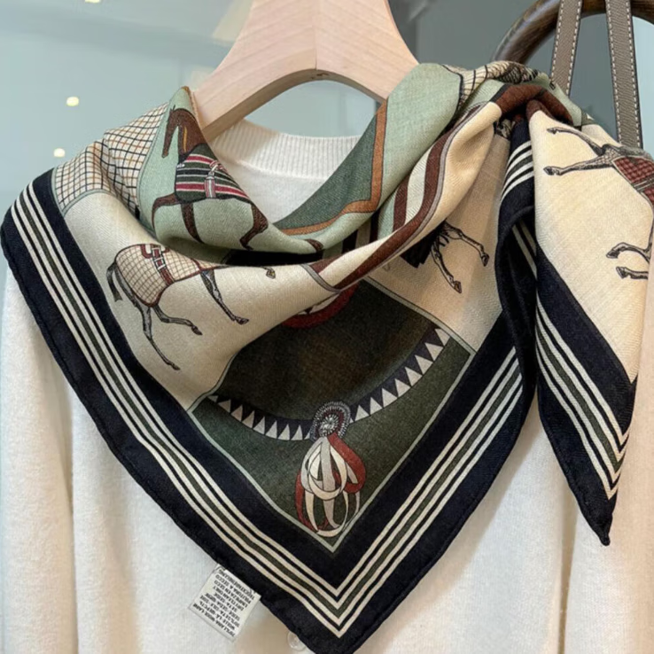 AUST多宫格骏马双面异色小马真丝羊毛围巾女秋冬季百搭丝毛方巾领巾 骏马图志【礼盒精装】 中方巾68*68