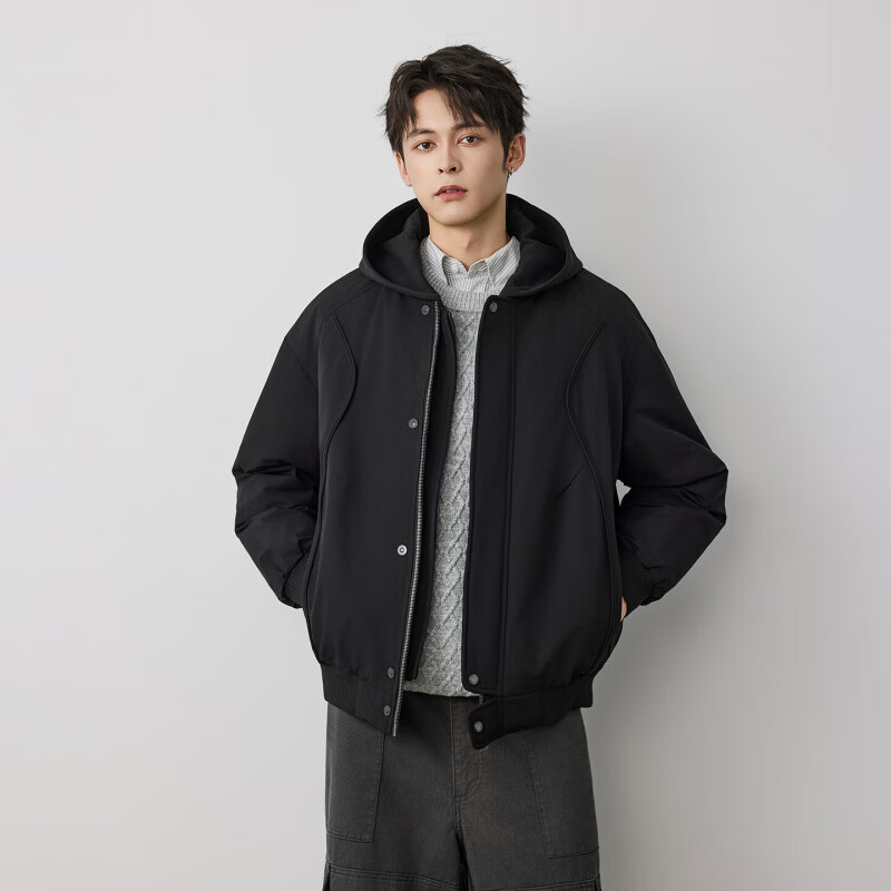 邦约恋人2025冬季美式高街解构设计感水洗连帽羽绒夹克男复古宽松连帽外套 黑色 W5917 L 121-145斤