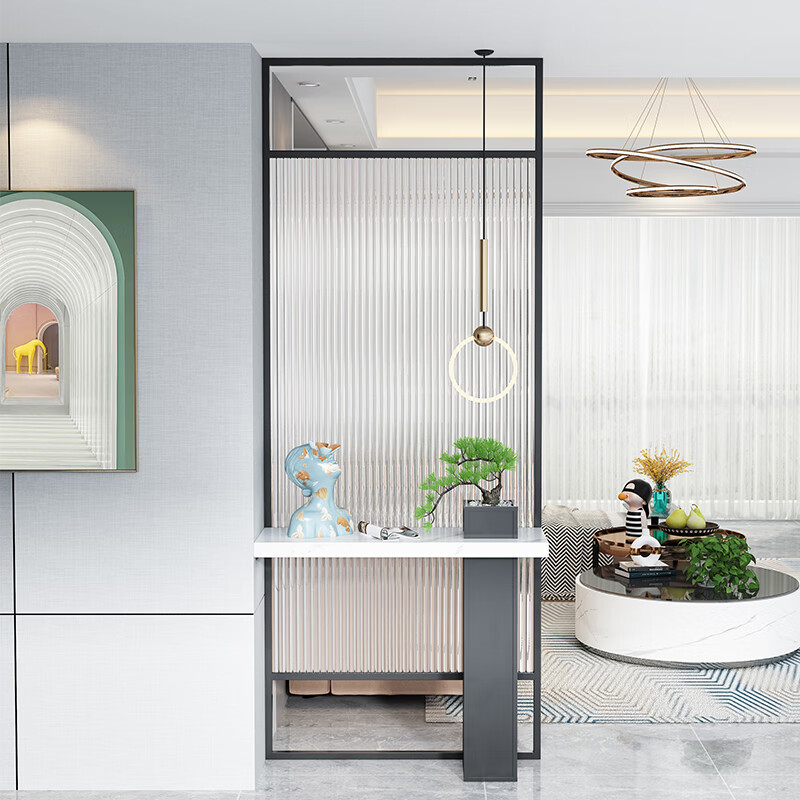光殿轻奢艺术客厅玄关屏风入户现代简约不锈钢长虹玻璃隔断装饰背景墙