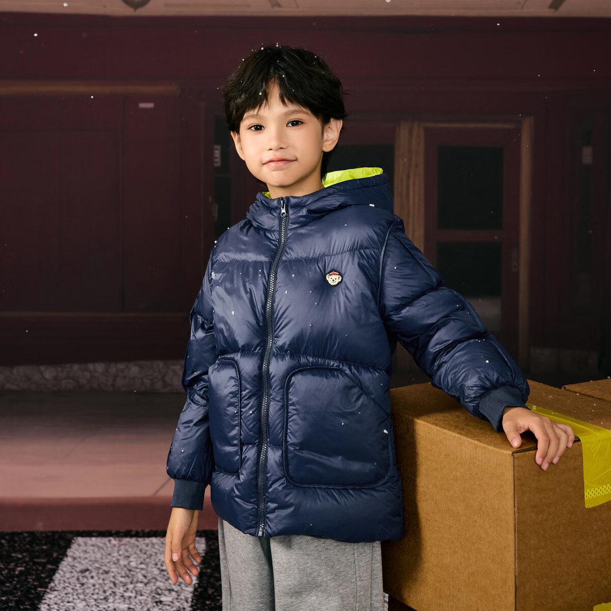 马骑顿男大童冬季新品学院风潮酷休闲保暖连帽羽绒服中长款 藏青 140 充绒量87g