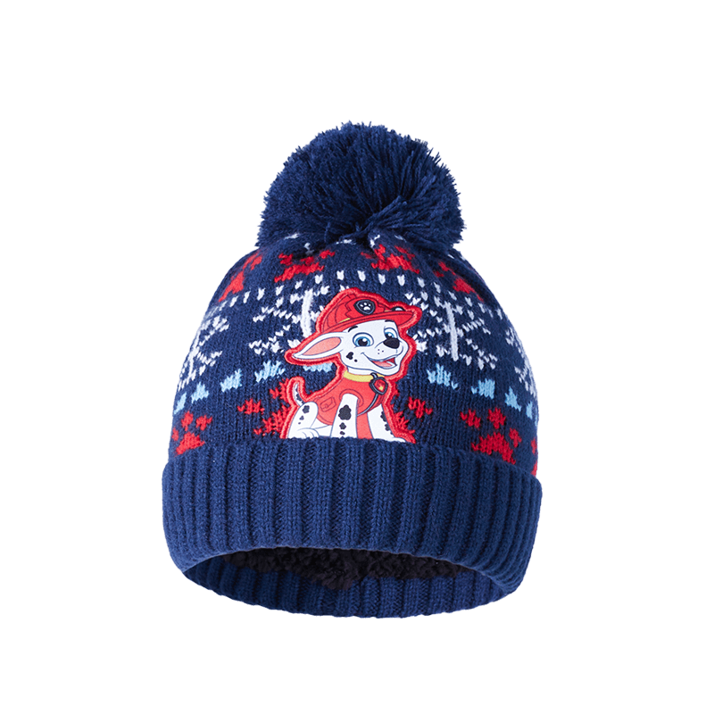 汪汪队立大功儿童帽子秋冬男童毛线帽女童保暖加绒针织帽围巾手套套装 深蓝帽子 毛毛（3-7岁）