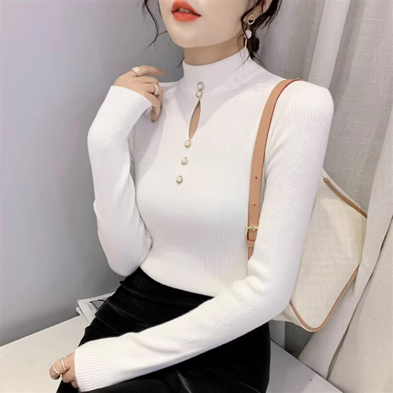 香影芬钉珠半高领一体绒毛衣女秋冬季新款加绒打底衫洋气针织衫保暖上衣 白色 S (建议95斤以内)