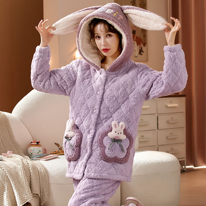 chunnian女士睡衣女冬季保暖珊瑚绒加厚加绒三层夹棉法兰绒带帽家居服套装 XEQN-2374【外套+裤子】 L