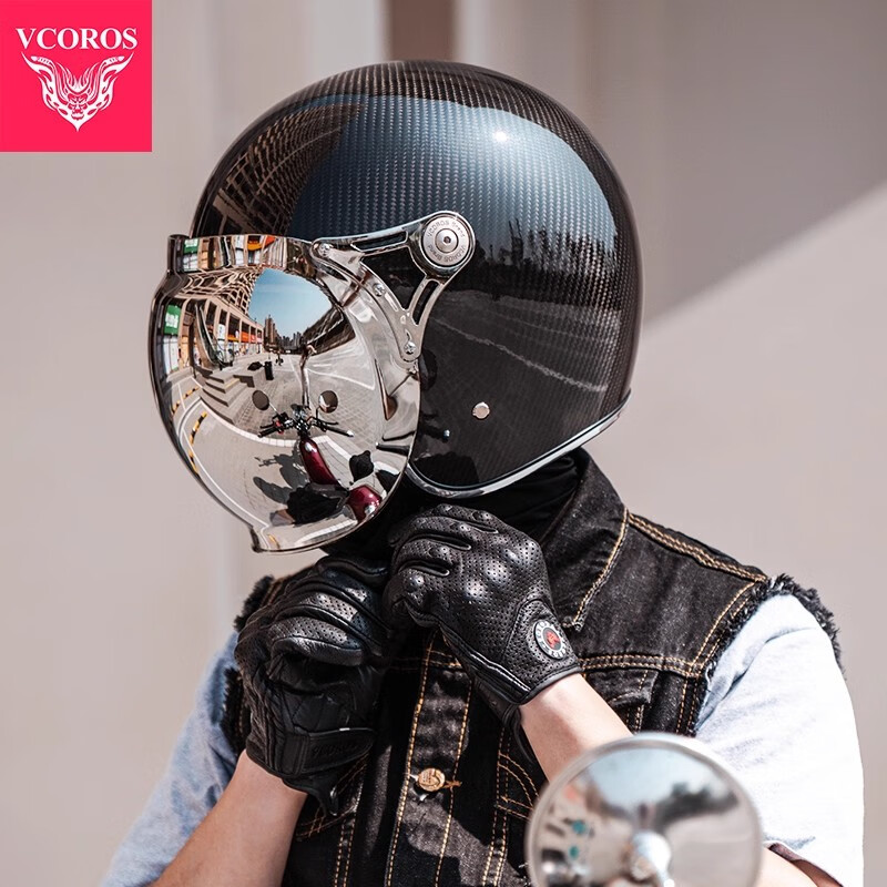vcoros复古摩托车头盔男女碳纤维玻璃钢机车头盔四季四分之三头盔a500