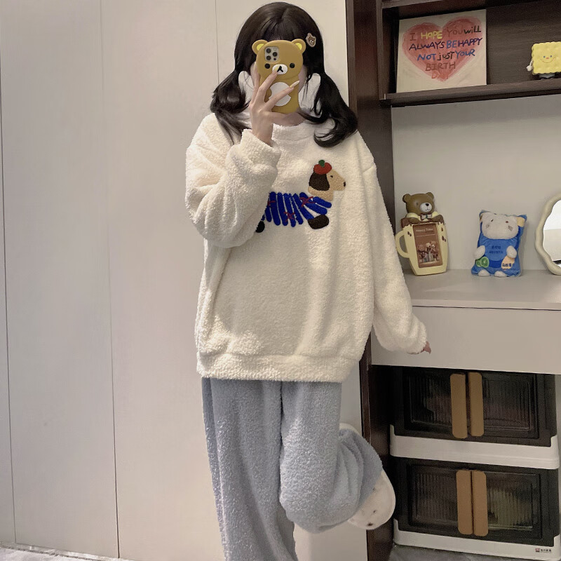 都市丽人睡衣女士秋冬季2025新款加绒加厚家居服可爱半边绒睡衣套装可外穿 线条小狗 2XL （建议140-160斤）