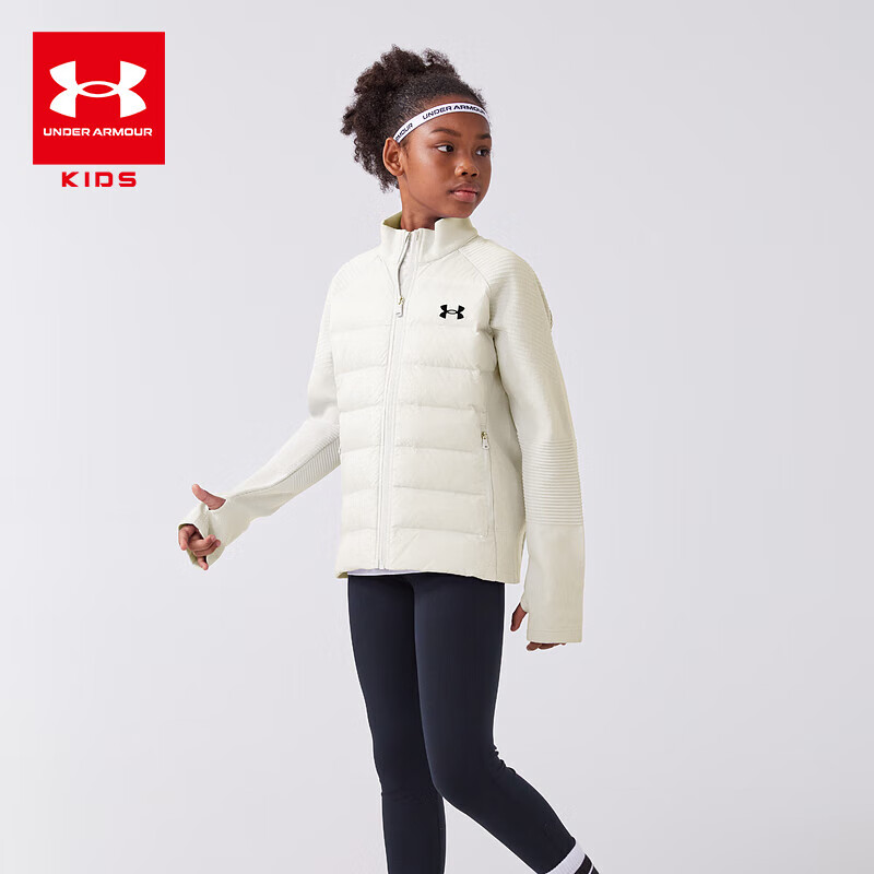 UNDER ARMOUR安德玛童装男女童立领百搭运动风轻薄羽绒服中性大童保暖短款外套 奶油白 165