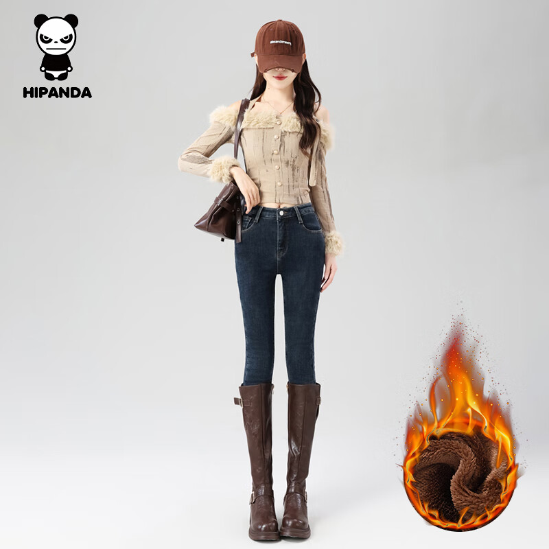 HIPANDA你好熊猫牛仔裤女2025冬季新款加绒休闲保暖紧身小脚显瘦长裤子女 蓝灰-加绒 28