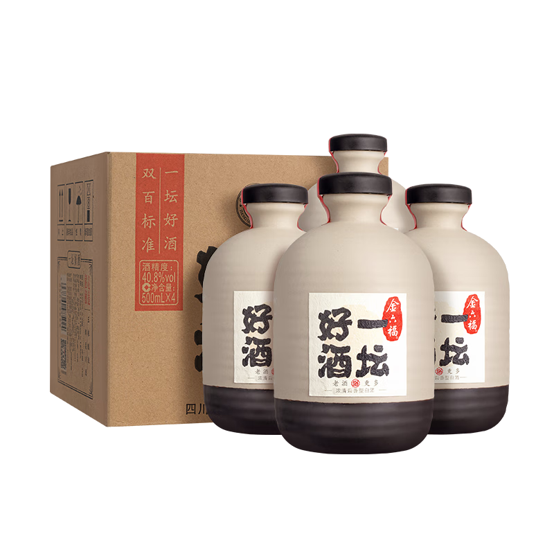 金六福 一坛好酒 浓清酱兼香型白酒 40.8度 500ml*4瓶 礼盒装 宴请送礼