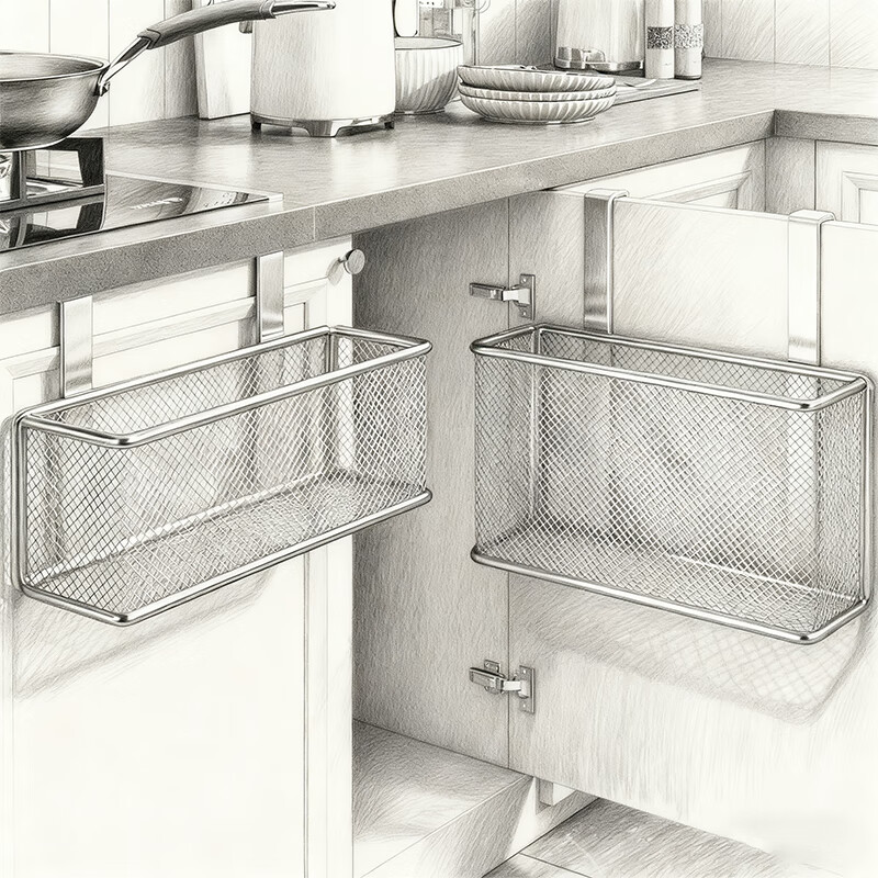 尔思家厨房置物架多功能橱柜挂篮门上柜门内侧保鲜膜收纳筐冰箱侧放置架 枪灰色大号