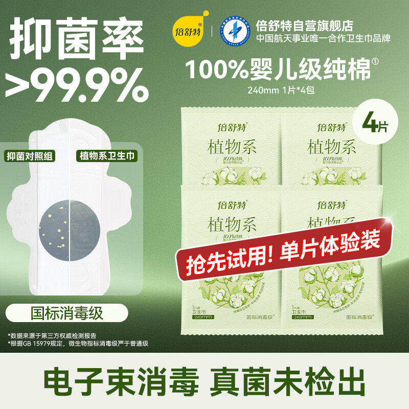 倍舒特植物系 消毒级纯棉极薄抑菌日用卫生巾240mm4片姨妈巾京东试用