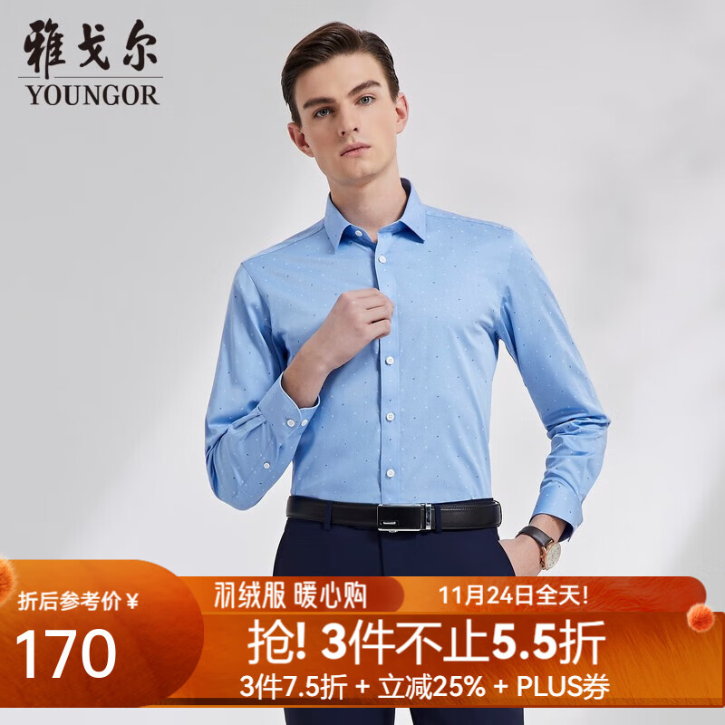雅戈尔（YOUNGOR）长袖衬衫男纯色易烫衬衫棉弹面料 面料免烫抗皱平整易打理 VLPM124920IFY浅蓝 39