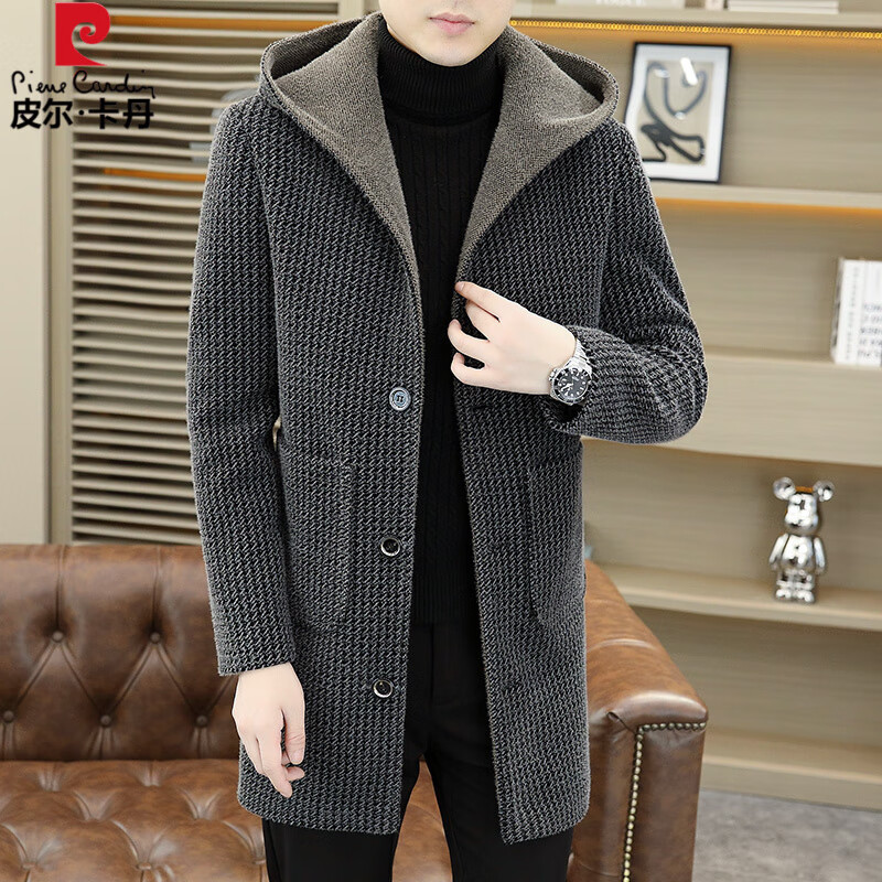 皮尔卡丹（pierre cardin）外套男金貂绒毛呢连帽大衣2026春秋冬季中长款加厚呢子夹克风衣 2355灰色 M 约85-105斤可穿