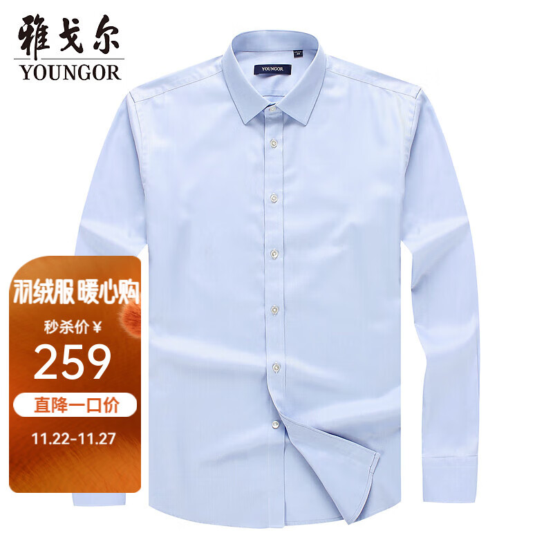 雅戈尔（YOUNGOR）长袖衬衫男士DP免烫衬衫全棉高支面料经典素色衬衫抗皱平整有型 浅蓝 40