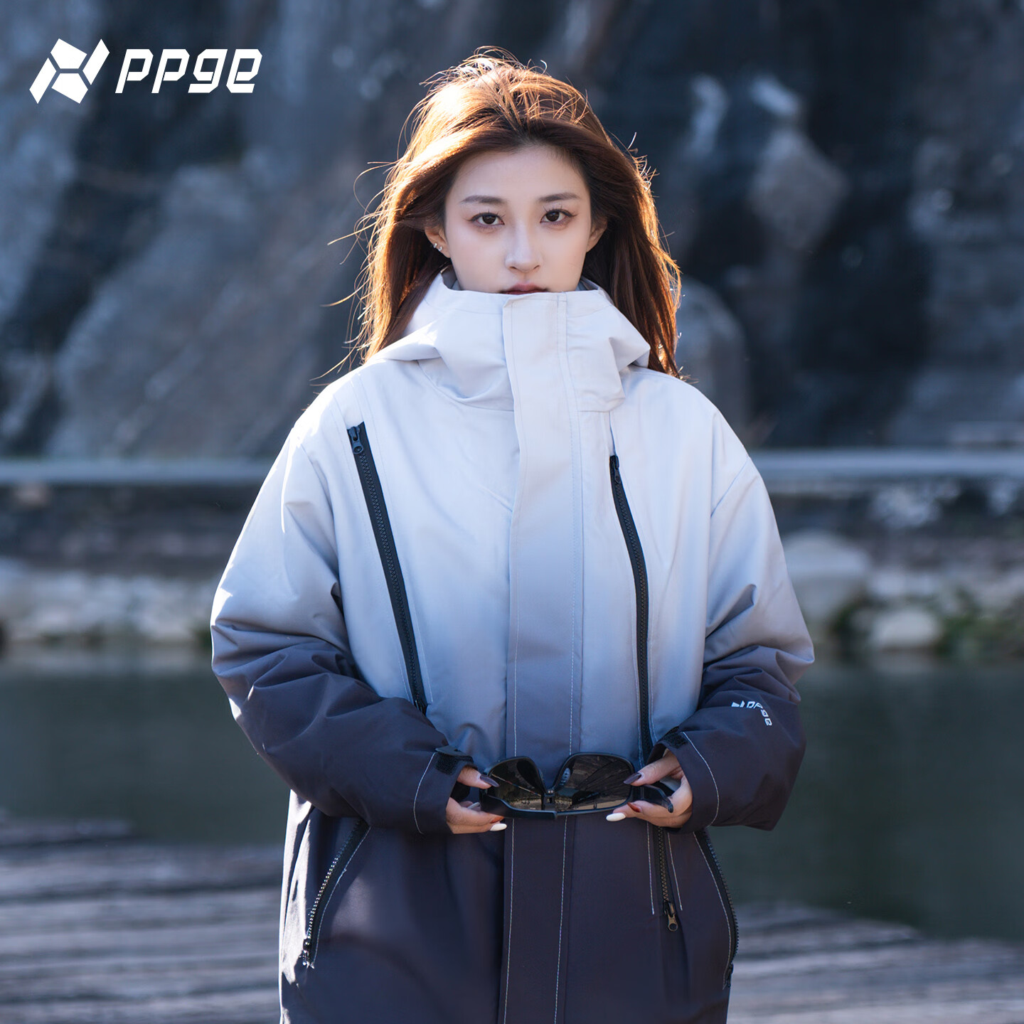 PPGE三合一冲锋夹克防风防泼水户外高级渐变双色晕染上衣男女同款外套 高级渐变-水墨黑 2XL (185/100A)