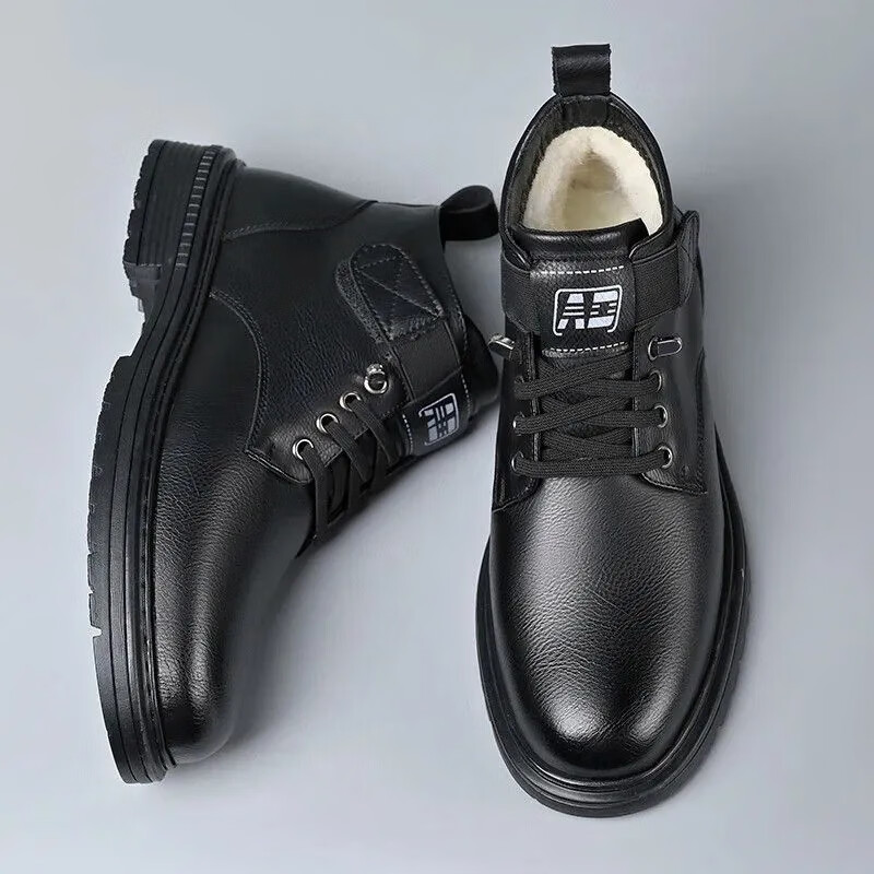 马丁靴男冬季新款加绒保暖软皮加厚男士高帮棉皮靴英伦工装靴m 黑色 加绒 42