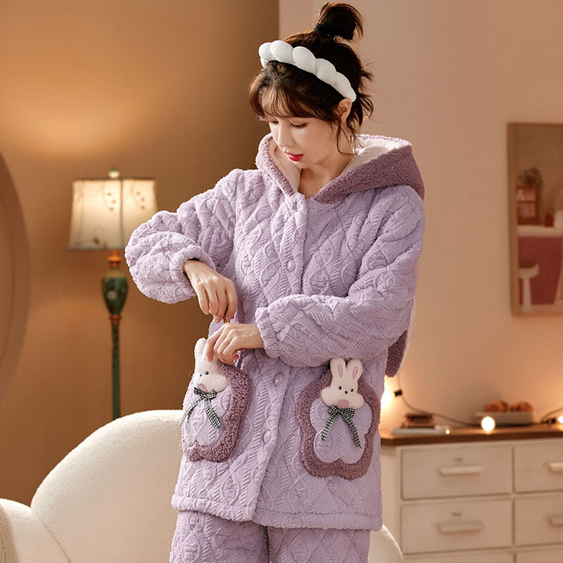 chunnian女士睡衣女冬季保暖珊瑚绒加厚加绒三层夹棉法兰绒带帽家居服套装 XEQN-2374【外套+裤子】 L