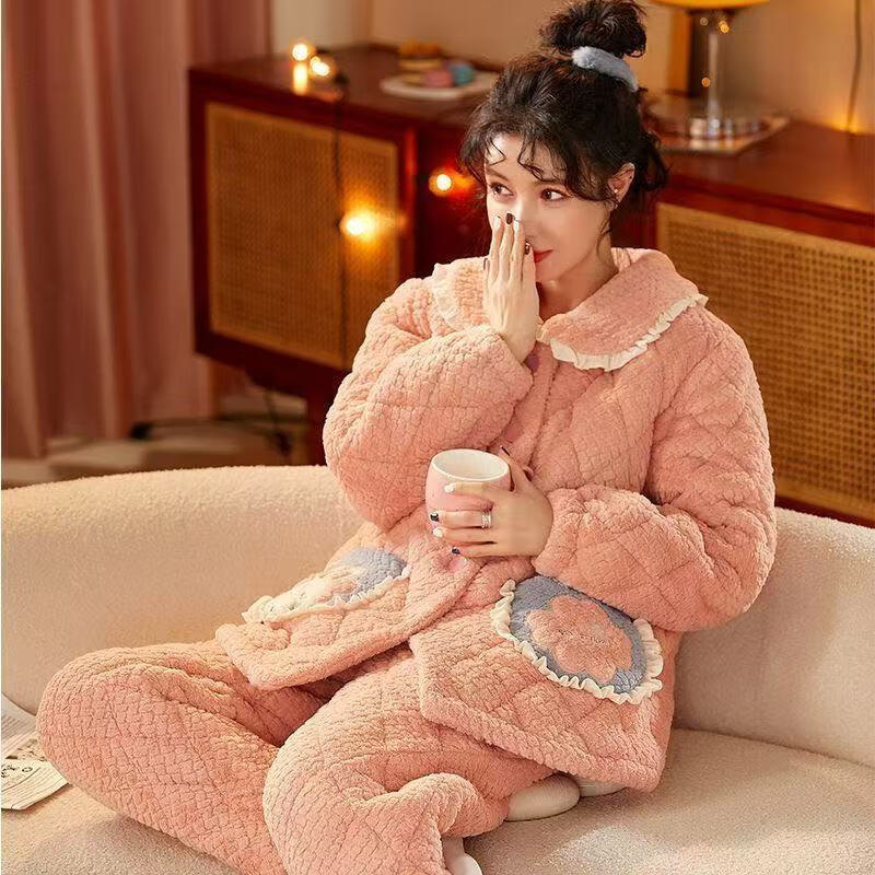 chunnian睡衣女秋冬加绒加厚珊瑚绒三层夹棉袄法兰绒女士保暖家居服套装 XEQN-62695 L