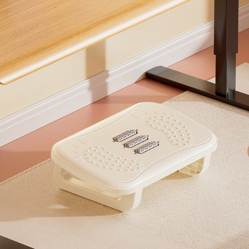 旻胜脚踏凳办公室桌下搁脚凳放腿按摩一体凳防跷二郎腿脚踩凳垫脚防滑 奶油白【带按摩滚轮+防滑贴】