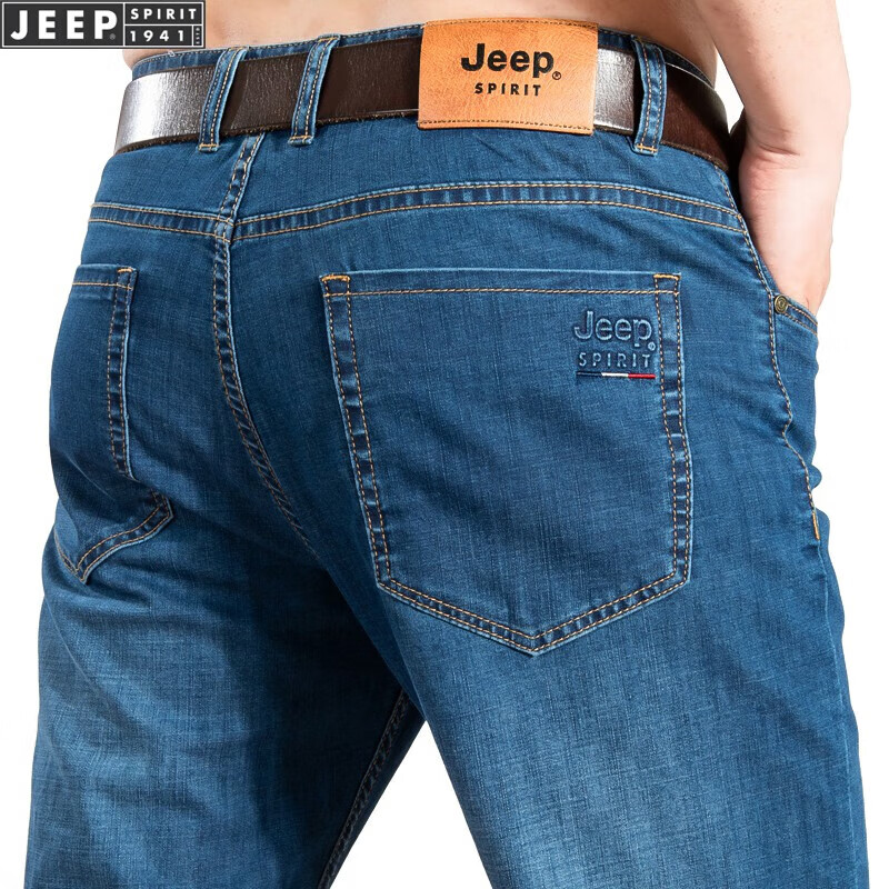 吉普（JEEP）牛仔裤男宽松直筒裤春夏季商务休闲微弹大码男裤牛仔长裤子 B0803蓝色（薄款） 34码2尺6