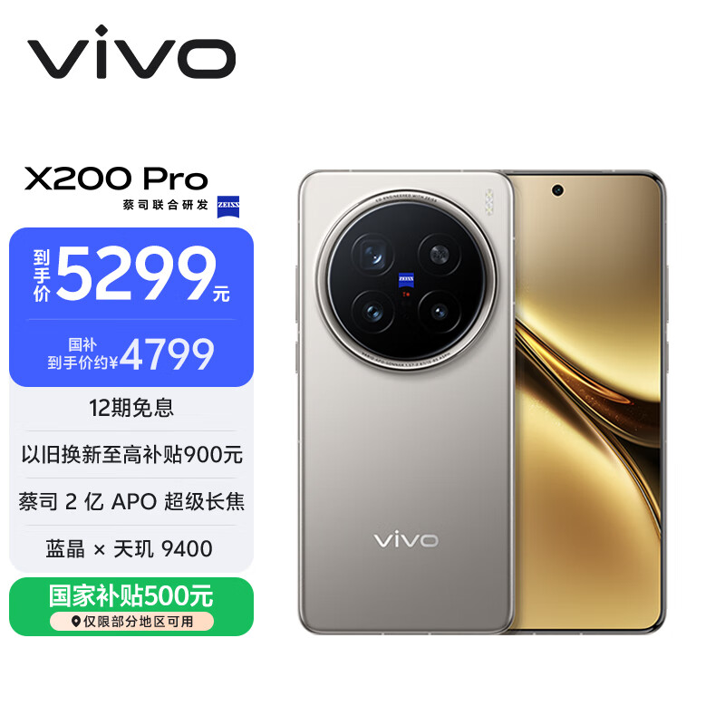 vivo X200 Pro 12GB+256GB 钛色 国家补贴 蔡司2亿APO超级长焦 蓝晶×天玑9400 6000mAh蓝海电池手机