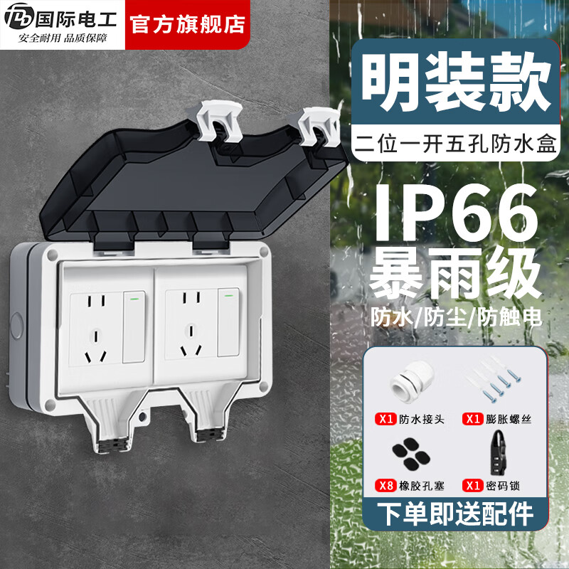 国际电工（FDD）户外防水插座室外接线板排插IP66全密封双联二位86型插座防雨盒 明装防水盒+二位一开五孔