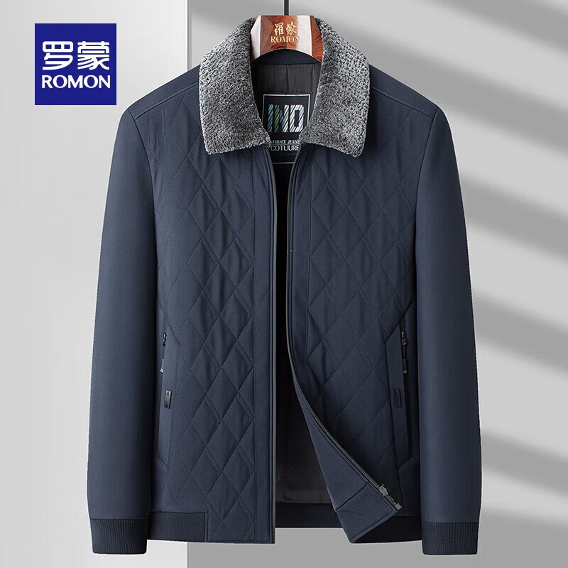罗蒙（ROMON）加厚棉服2024新款秋冬毛领中老年男士保暖休闲商务防寒棉衣棉袄 黑色 L 175