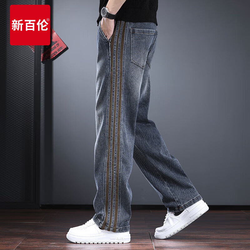 新百伦重磅牛仔裤男春秋款潮牌阔腿宽松休闲裤子男直筒高街穿搭男裤 怀旧蓝 常规 L 码【建议130-145斤】