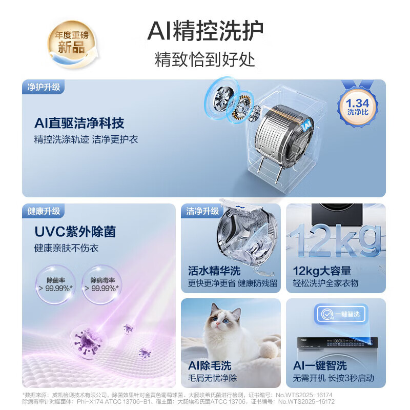 海尔(Haier)云溪4.0系列 全自动滚筒洗衣机12公斤AI直驱变频精华洗家用大容量一级能效换新补贴15% BLEU582HU1