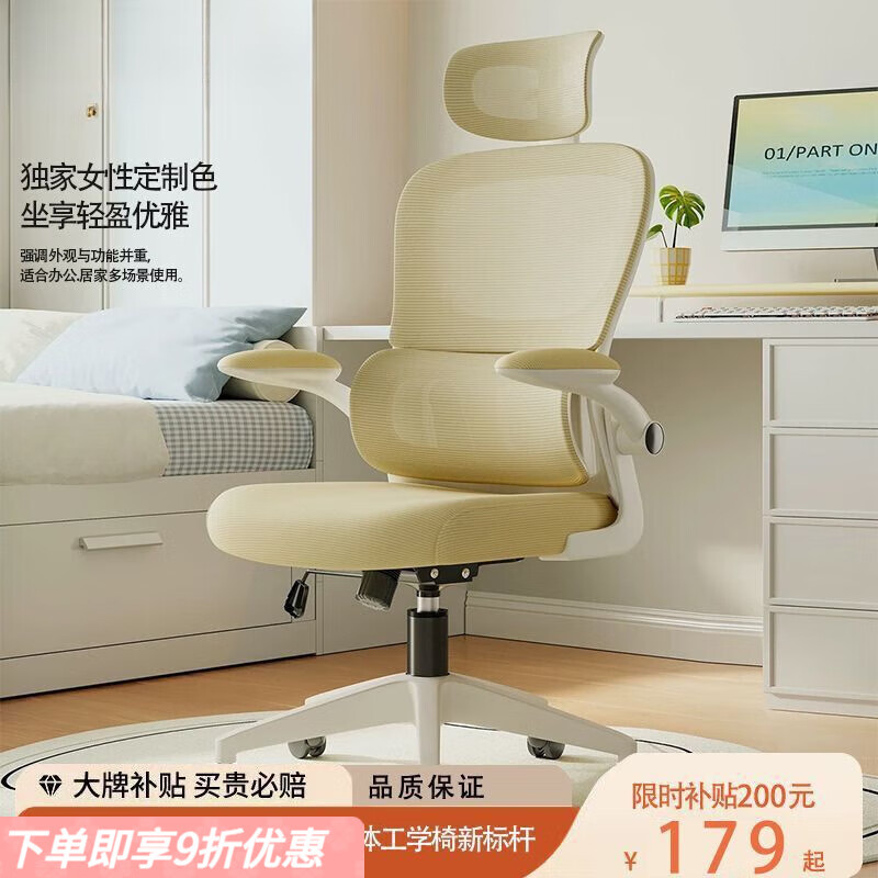 弘星隆电脑椅女生家用人体工学椅子学习久坐舒适靠背宿舍电竞椅办公座椅 香草米+调节护腰+普通一级气杆 尼龙脚