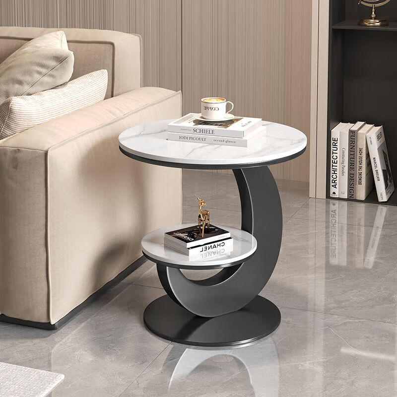 倘然之家轻奢边几客厅阳台圆桌沙发边桌双层简易茶几家用创意小桌子 黑架【雪山白桌面】 双层60+30高度60