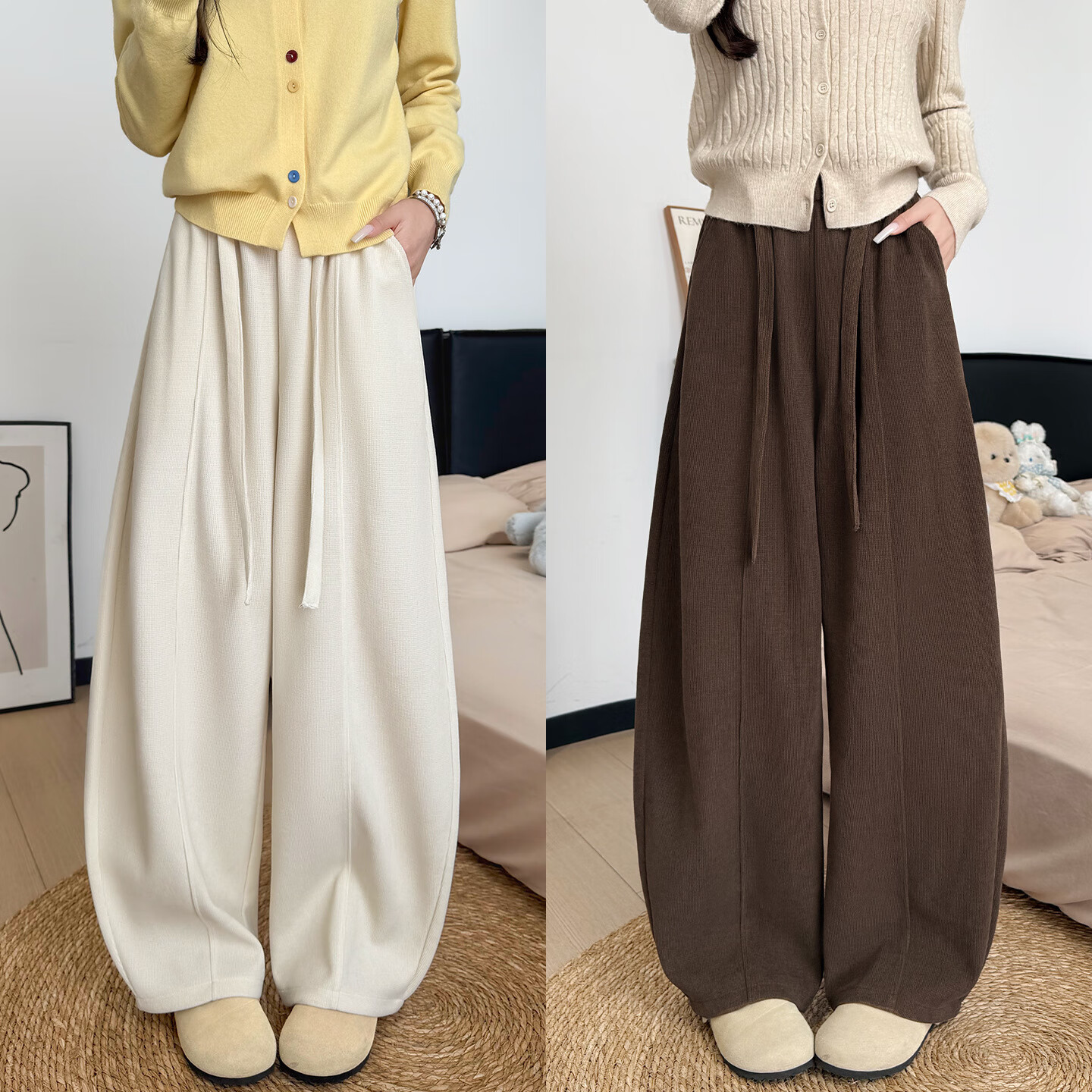 浪莎（LangSha）加绒休闲裤女2025冬季新款保暖高腰垂感欧棉绒百搭显瘦休闲阔腿裤 【加绒】黑色 L 116-130斤