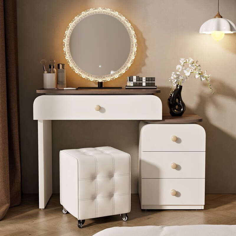 欣慕雅胡桃梳妆台卧室梳妆台一体收纳柜多功能化妆桌简约床头柜 0.3米三斗柜白色胡桃面【送货上门】 60CM桌+太阳镜+劳伦斯凳