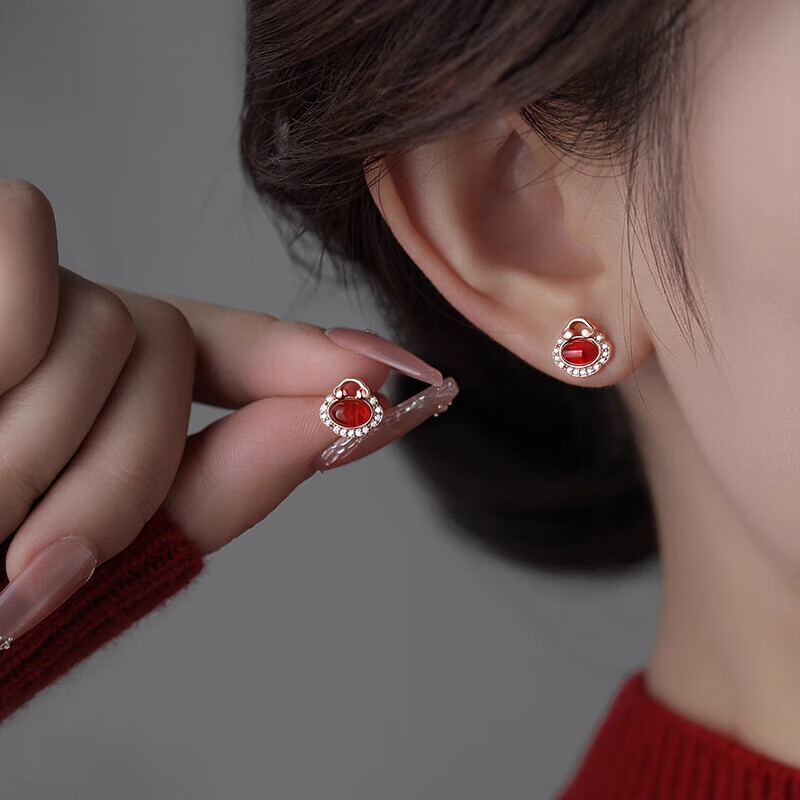 S925纯银本命马年红色耳钉925红玛瑙福锁新年耳环女秋 红玛瑙福锁耳钉【925银】