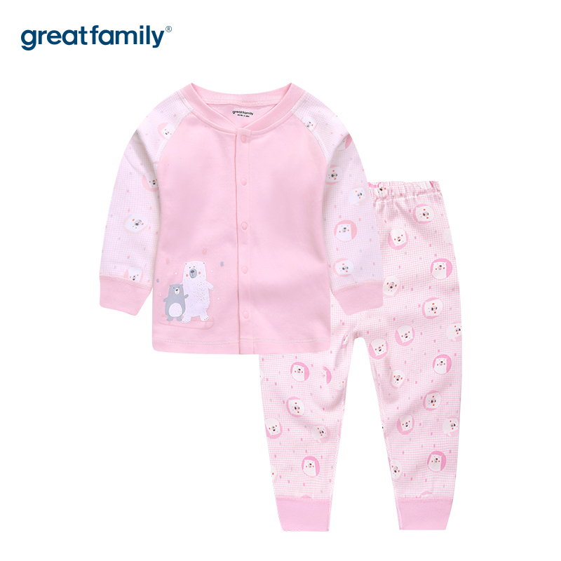 歌瑞家童装婴儿宝宝家居服套装2019秋季新款纯棉对襟长袖套装乐友 混色-粉 73cm