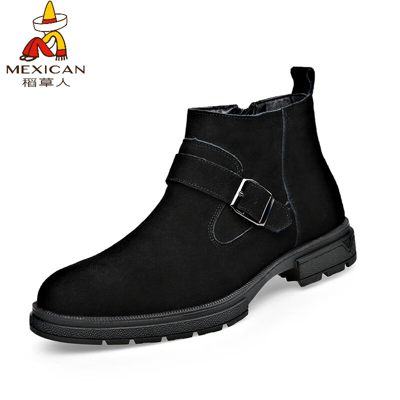 稻草人（MEXICAN）英伦男士中高帮皮鞋加绒保暖厚底增高拉链马丁靴真皮反绒皮切尔西 黑色 38