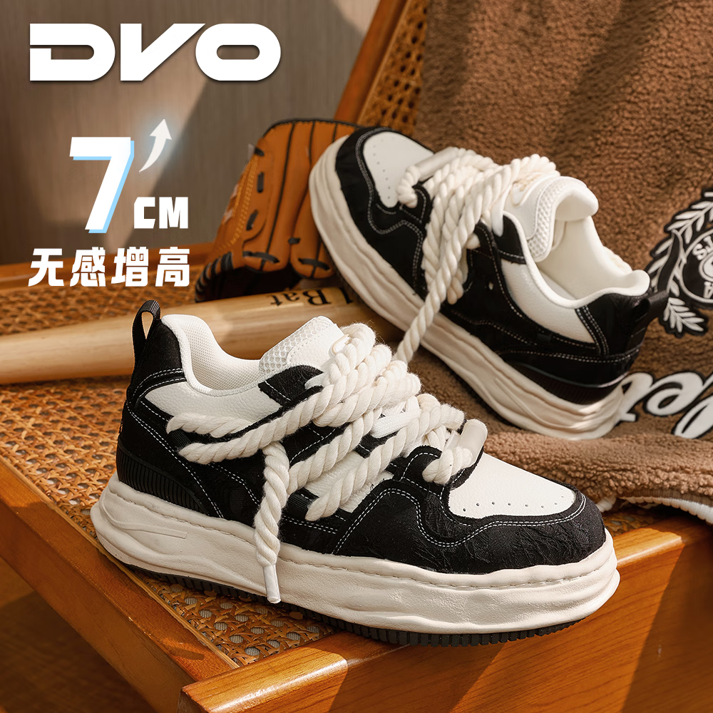 DVO7CM内增高厚底鞋男款秋冬新款百搭轻便帆布面包鞋国潮运动休闲鞋 蕾丝米黑 41 男码