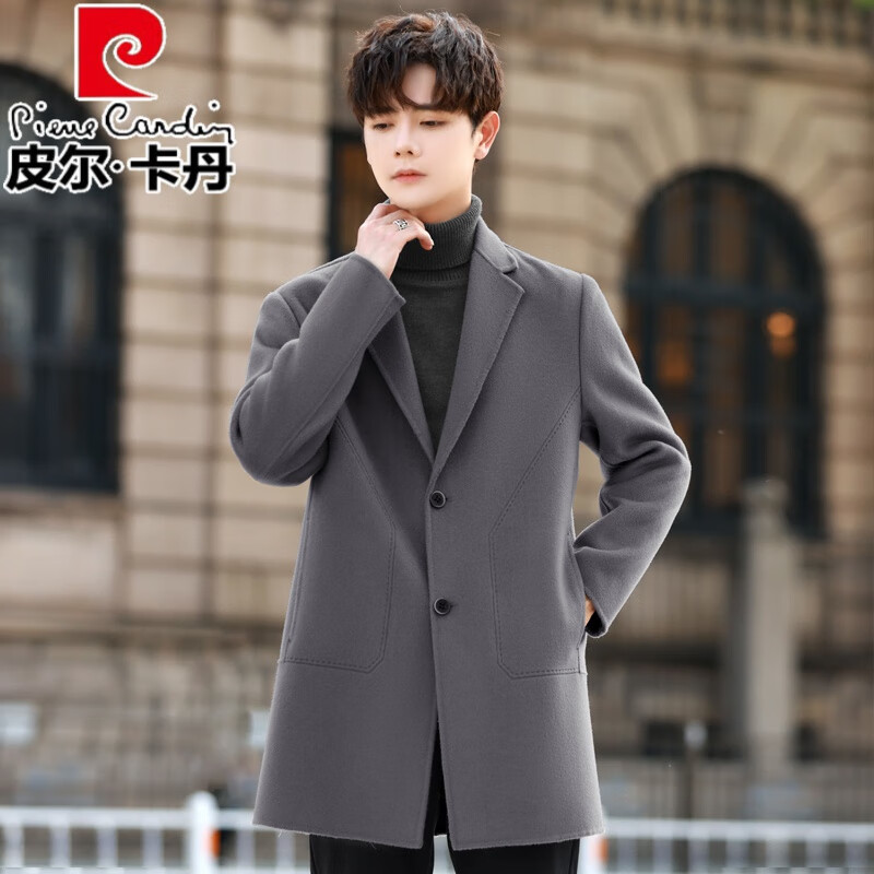 皮尔卡丹（pierre cardin）纯羊毛呢大衣男士中长款双面羊毛西装外套高端呢子风衣冬季加厚潮 浅咖 【100%纯羊毛】 M (85斤-120斤左右)