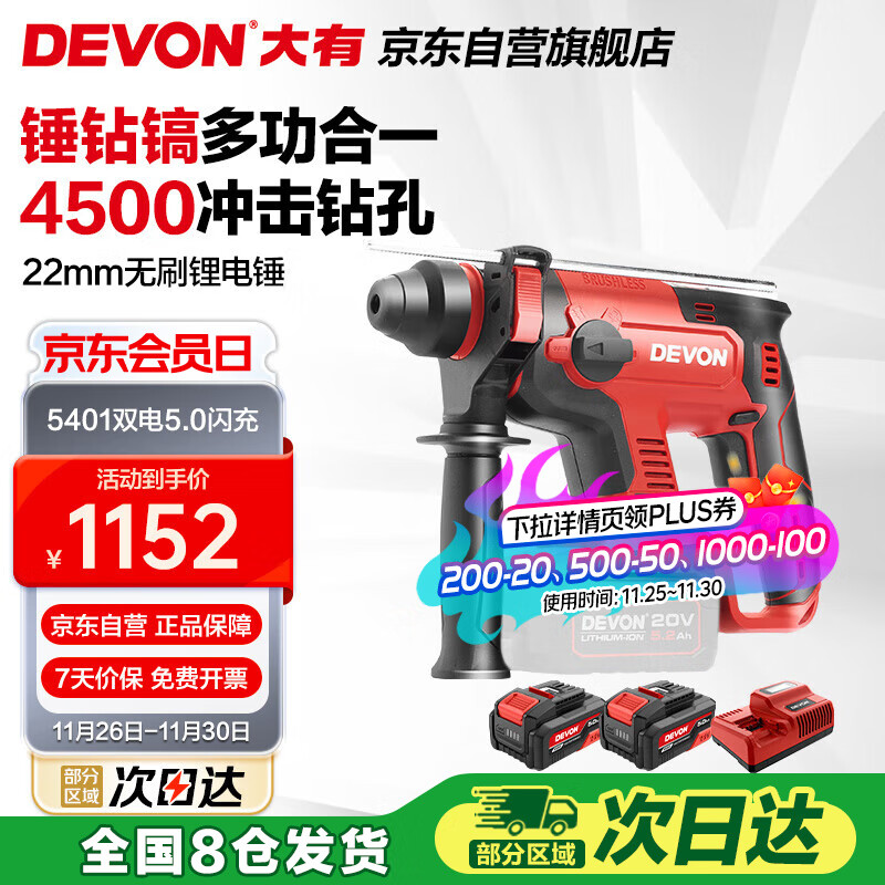 大有20V无刷充电锂电电锤5401冲击钻电镐两用混凝土开凿双电5.0闪充
