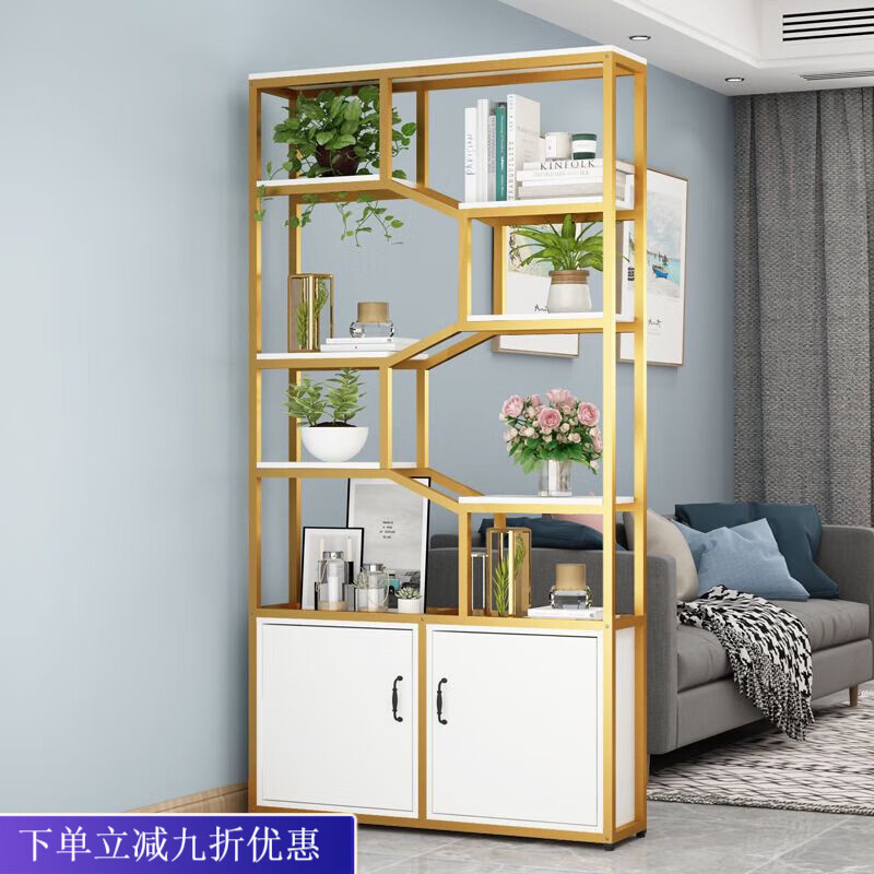 倘然之家铁艺屏风办公室隔断柜客厅储物柜展示柜进门玄关柜遮挡家居家具 黑架子+暖白板材 80长*24深*200高