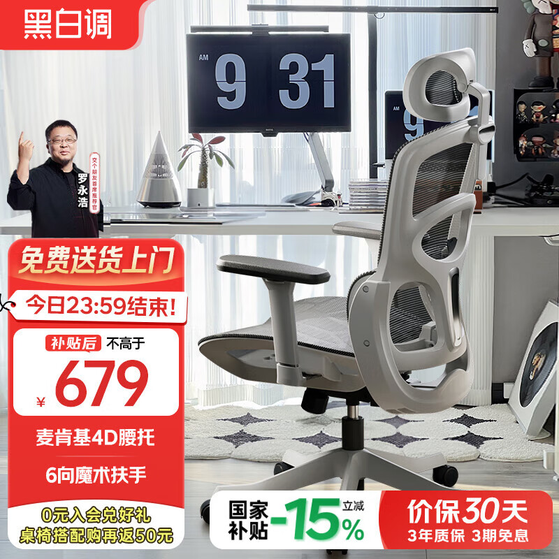 黑白调P2 Pro+人体工学电脑椅办公人工力学座椅学习久电竞椅子 P2 Pro+【6向魔术扶手】霜白