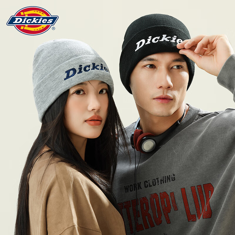 Dickies品牌保暖针织帽子秋冬季男士毛线帽女滑雪冷帽骑行防风防寒护耳帽 灰色男女情侣款【加绒款】 58CM（均码）