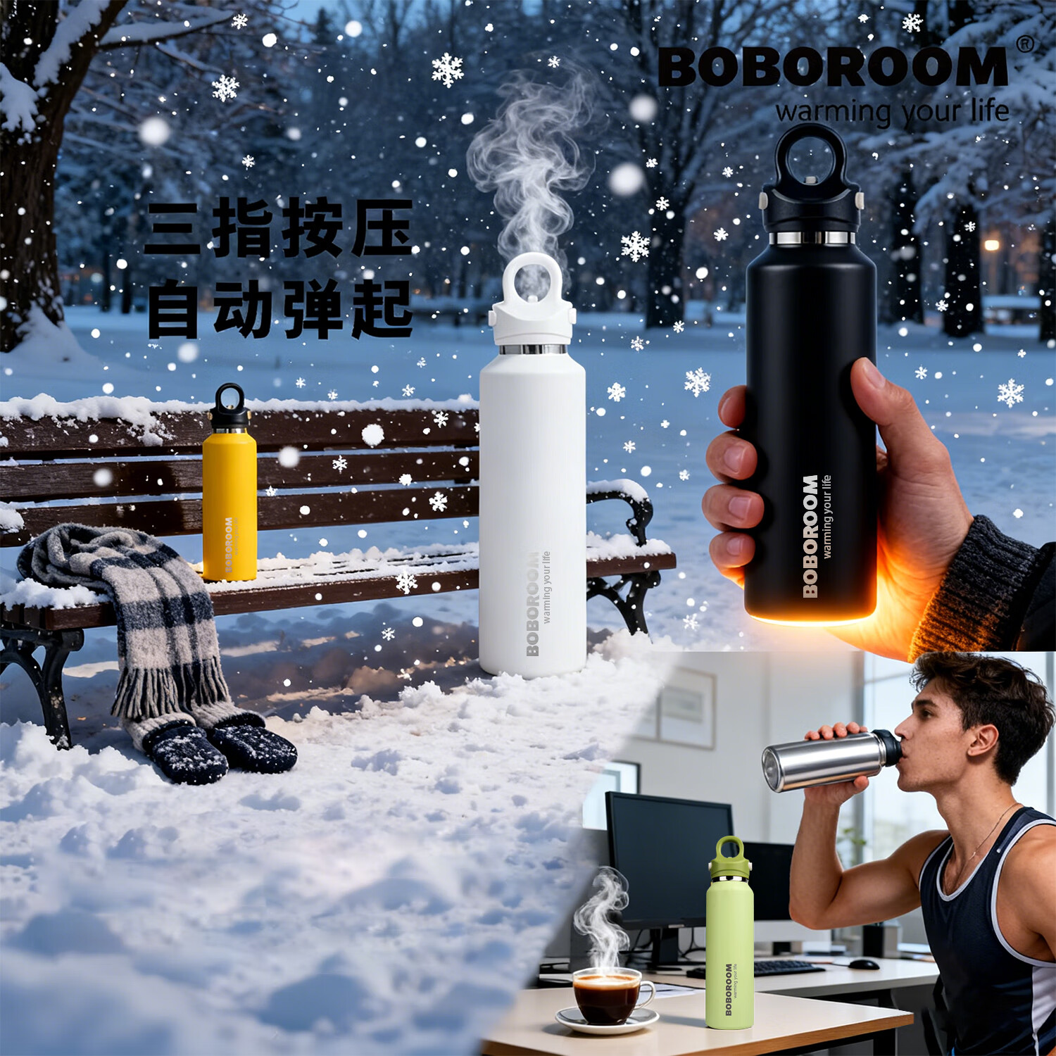 BOBOROOM保温杯内胆316L不锈钢无螺纹一键开盖男款水杯运动女高颜值礼物 星辰黑/600ML【内胆316L不锈钢】