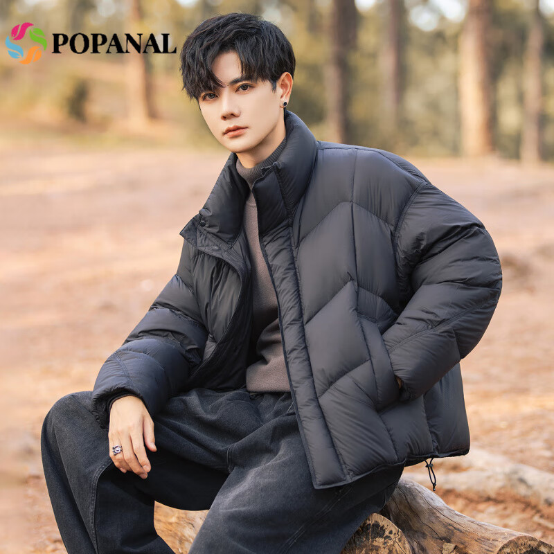 POPANAL香港潮牌2025冬季新款简约羽绒服男士微宽松立领泡芙穿刺服外套潮 午夜黑 M