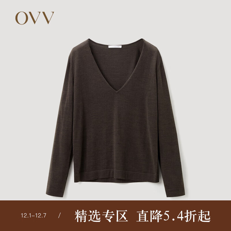 OVV【可机洗黄金羊毛】2023秋冬新款女装简约深V领长袖针织衫 深咖(净色)A6 L