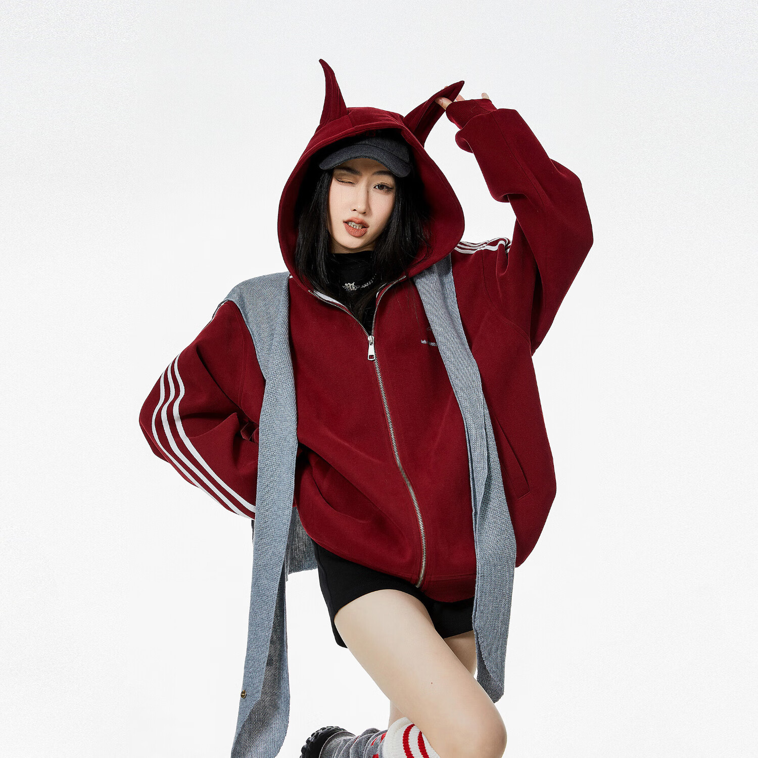 ICH MODE美式复古耳朵连帽开衫外套女春秋新款宽松休闲卫衣上衣 酒红色 S