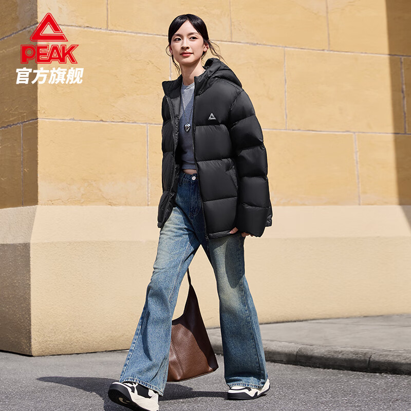 匹克（PEAK）驭雪超轻羽绒服丨冬季新款男短款连帽保暖棉服休闲鸭绒外套女 黑色【女款】 M