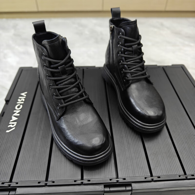 百丽踏棕色显脚小马丁靴女2026冬季切尔西英伦风复古粗跟系带短筒短靴子 黑色 AZ6038 36